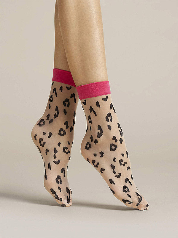 Fiore Cheetah Patterned Socks Amalia 20 Den Poudre - Amarant - Black