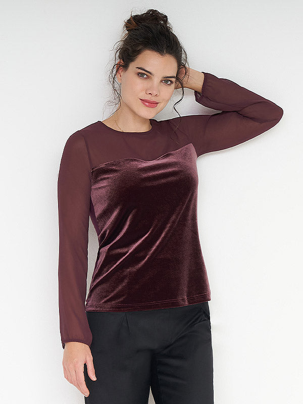 EMMEBIVI Velour Blouse with Mesh Umma Bordeaux