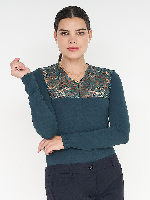 EMMEBIVI Viscose Blouse with Lace Tinna Emerald