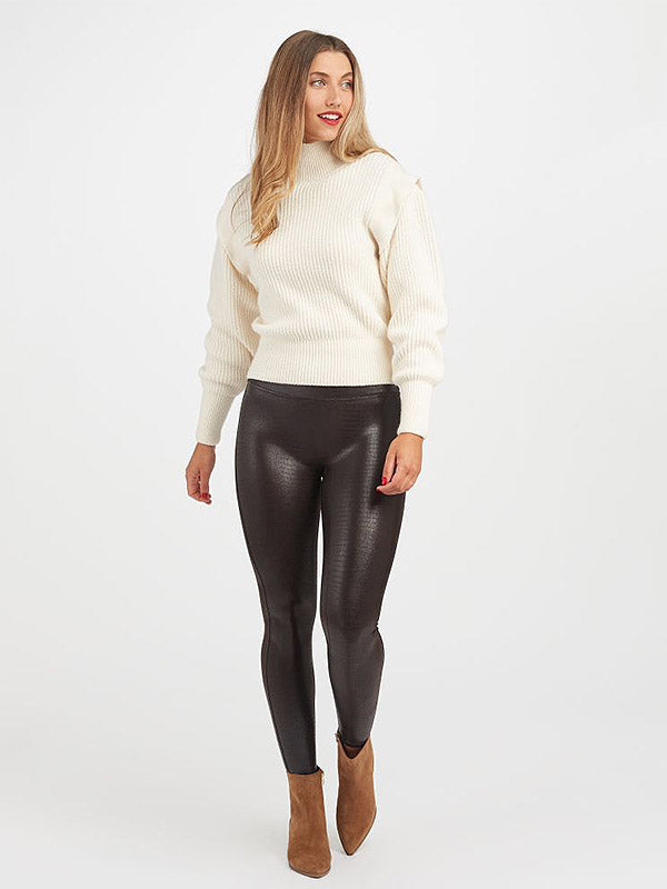Spanx Faux Leather Shaping Leggings Faux Leather Croc Shine Brown - Black