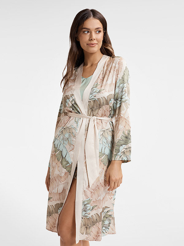 Esotiq Satin Dressing Gown Ciao Beige - Multicolor Flower Print