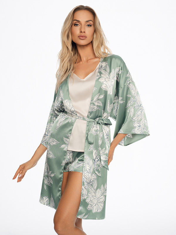 Esotiq Satin Dressing Gown Dedicate Olive - Cream Flower Print