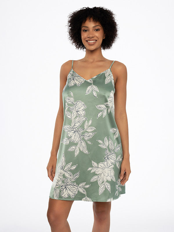 Esotiq Satin Chemise Dedicate Olive - Cream Flower Print