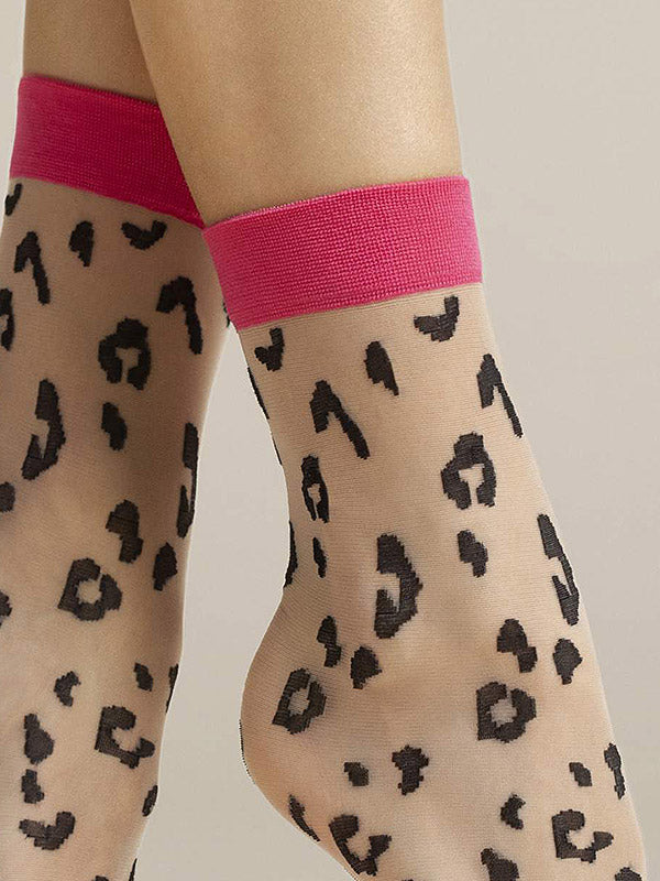 Fiore Cheetah Patterned Socks Amalia 20 Den Poudre - Amarant - Black