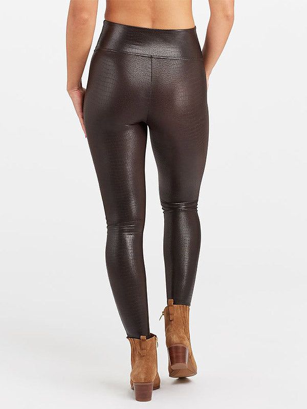 Spanx Faux Leather Shaping Leggings Faux Leather Croc Shine Brown - Black