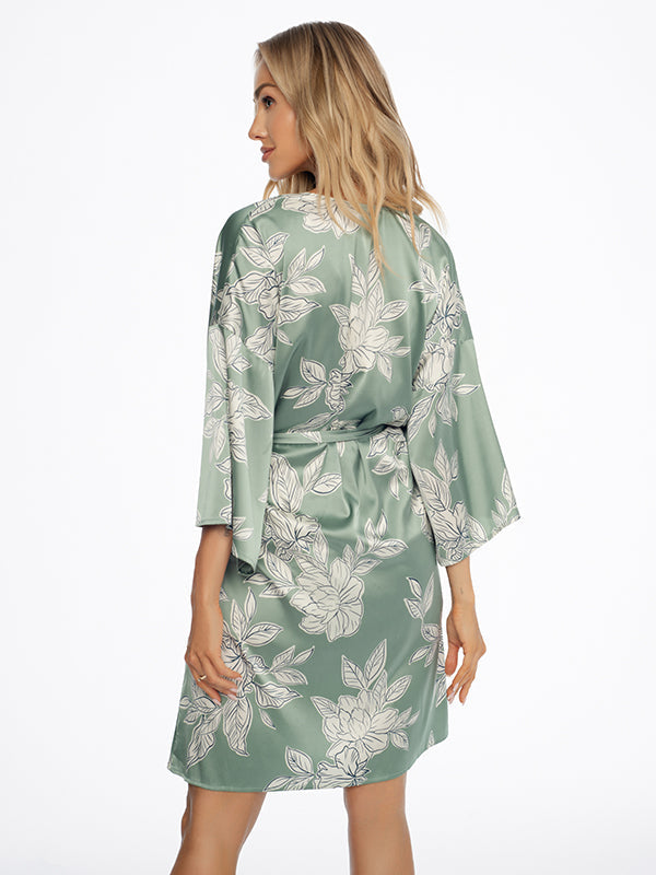 Esotiq Satin Dressing Gown Dedicate Olive - Cream Flower Print