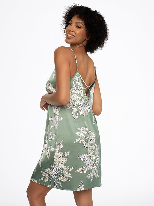 Esotiq Satin Chemise Dedicate Olive - Cream Flower Print
