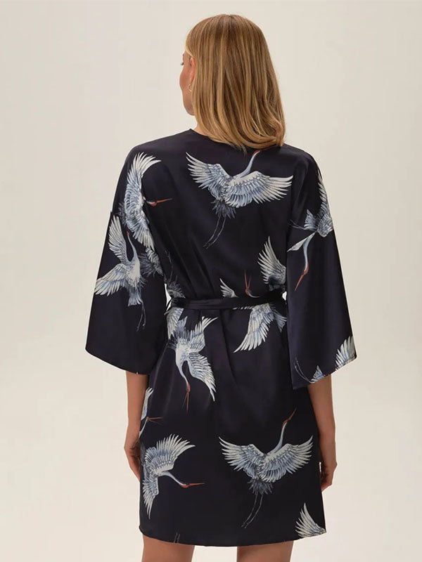 Esotiq Satin Dressing Gown Jael Navy - Blue - White