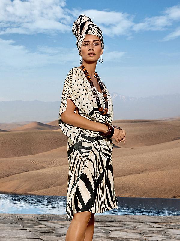 Maryan Mehlhorn viskozinis paplūdimio kaftanas "Sahara Beige - Black Zebra Print"