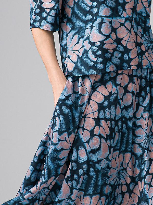 Lega ilgas viskozinis sijonas "Valentina Navy - Blue - Beige Ornament Print"