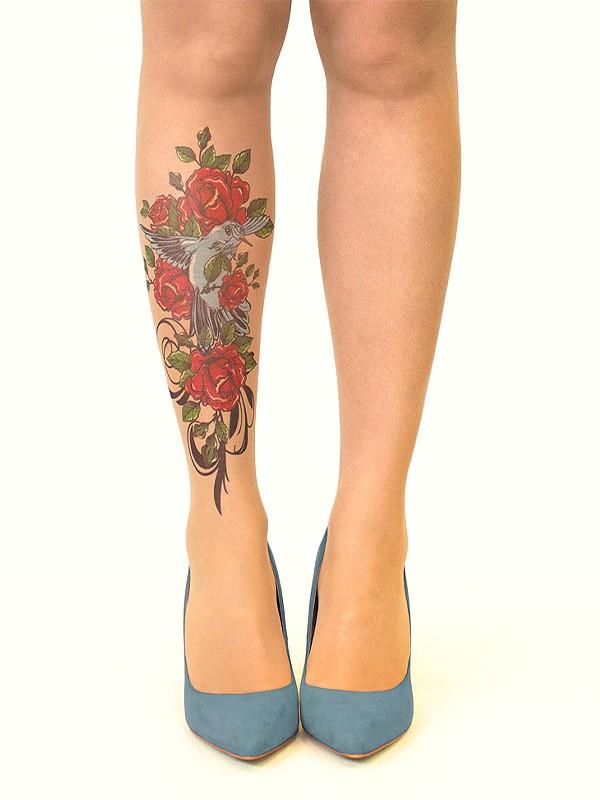 Stop & Stare pėdkelnės su tatuiruote "Bird N' Roses 20 Den Sun"