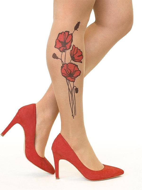 Stop & Stare pėdkelnės su tatuiruote "Red Poppies 20 Den Sun"