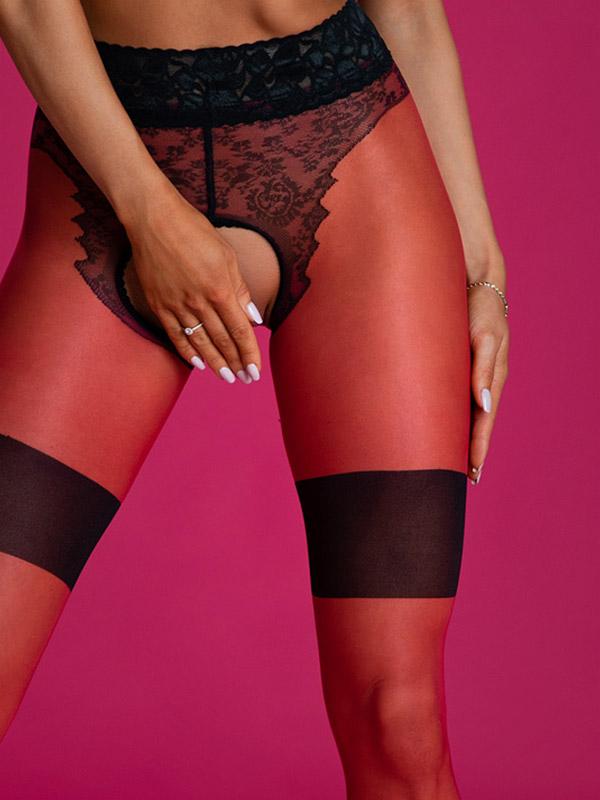 Amour pėdkelnės atviru tarpkoju su kojinių imitacija "Diva 30 Den Red - Black"