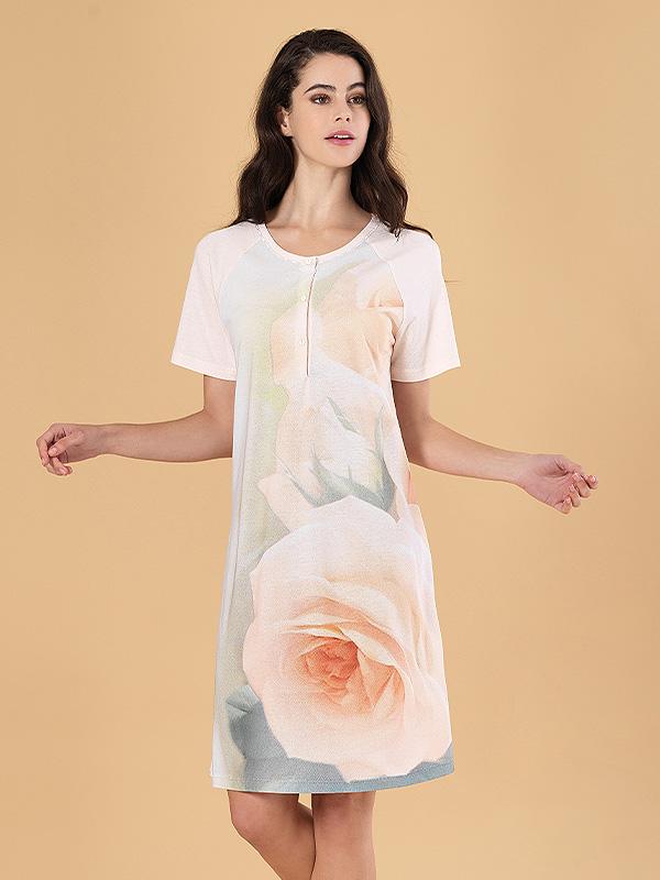 Linclalor medvilniniai naktiniai marškiniai su sagutėmis "Maeve Peach Rose Print"