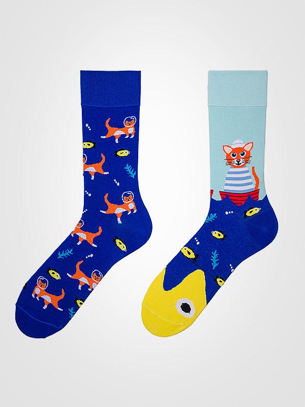 Spalvotos Kojines unisex medvilninės kojinės "Sea Cat Blue - Multicolor"