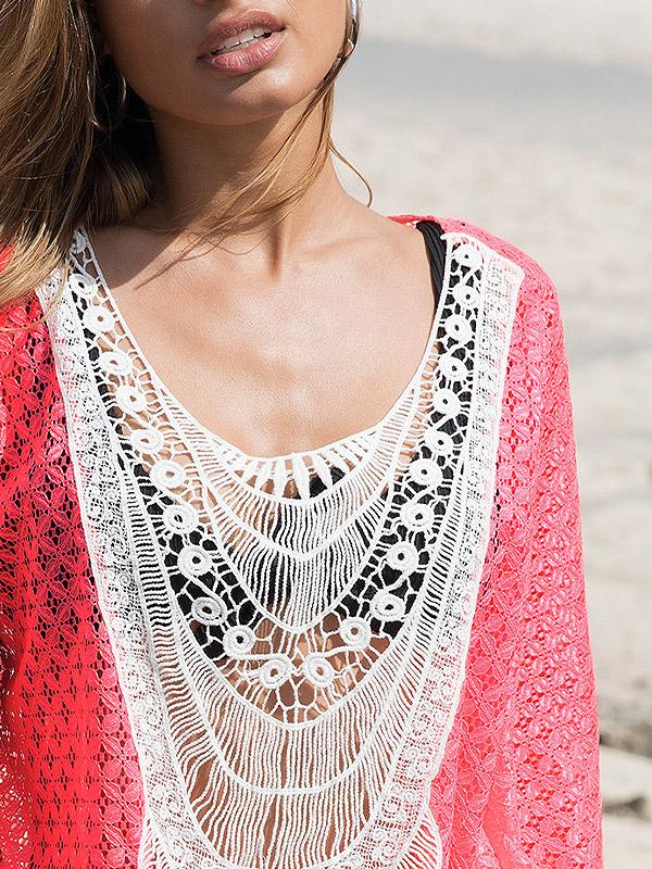 Ysabel Mora nėriniuota paplūdimio tunika "Adora Neon Pink - White"