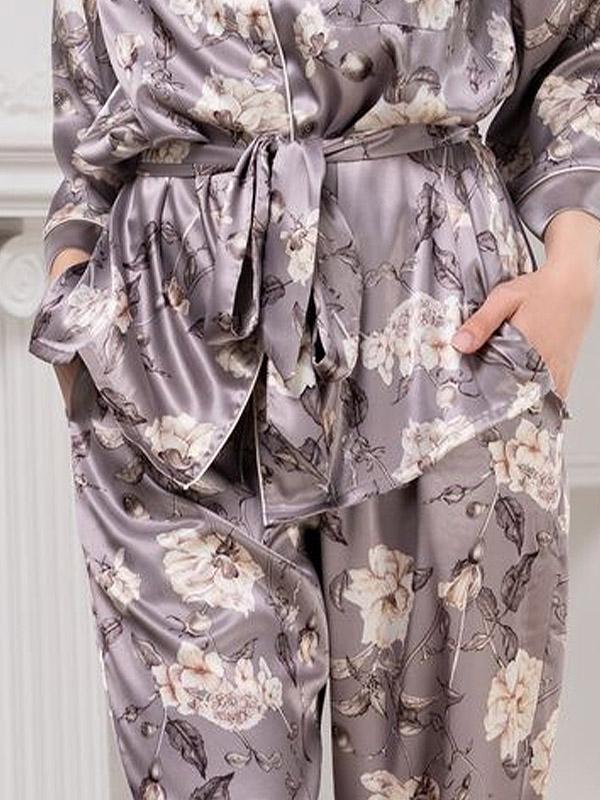MiaMia ilga šilkinė pižama "Gracia Long Silver Pearl Flower Print"