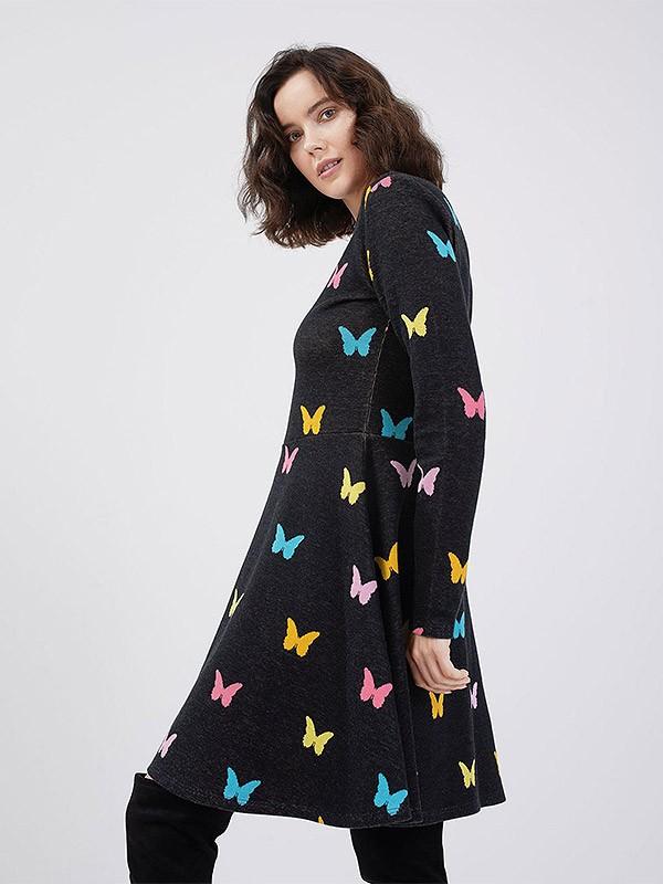 Utenos by A. Kuzmickaitė medvilninė suknelė su įmegztais drugeliais "Kaia Black - Multicolor"