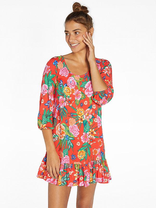 Ysabel Mora trumpa vasarinė viskozinė suknelė "Helene Coral - Multicolor Flower Print"