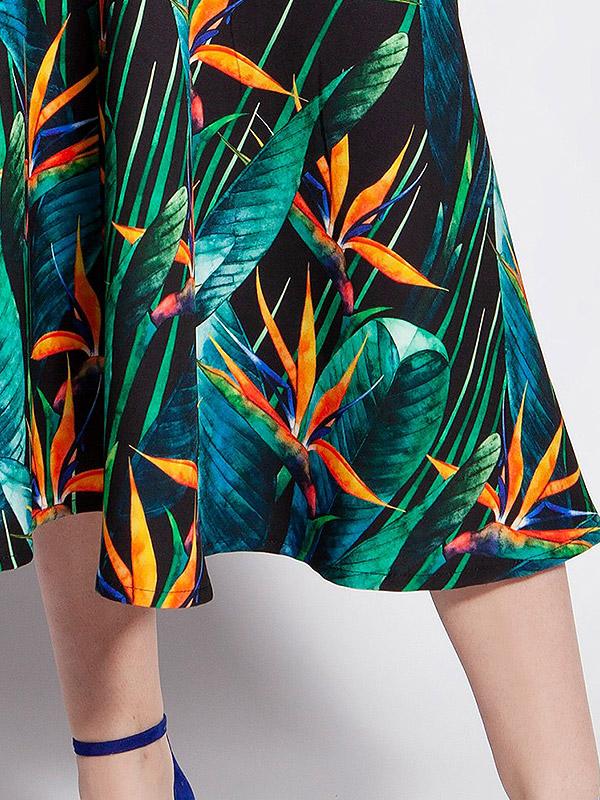 Lanti suknelė atvirais pečiais "Dorota Green - Orange Bamboo Flower Print"