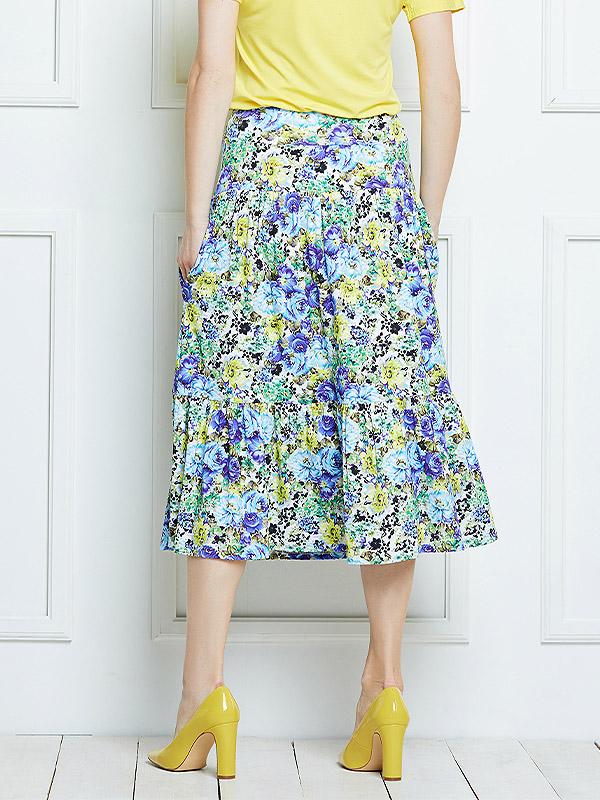 Lega viskozinis sijonas "Silja Blue - Yellow Flower Print"