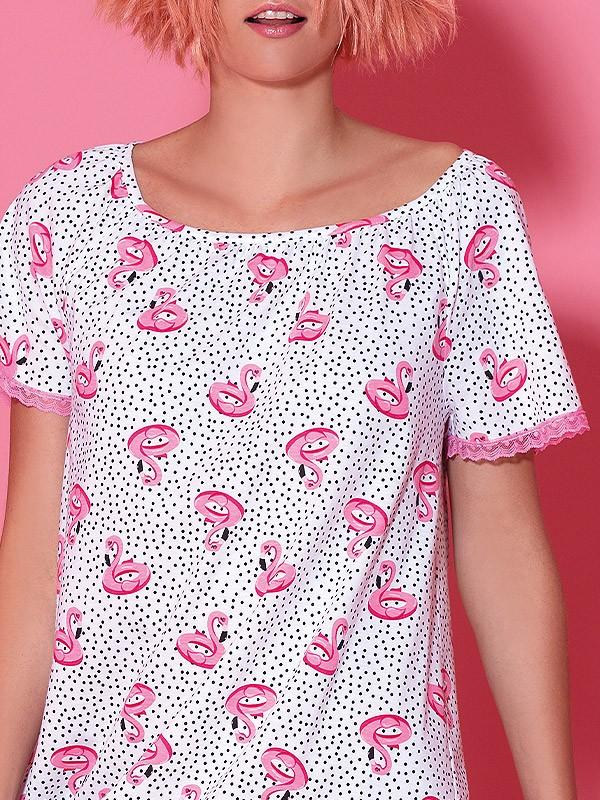 Mi-a-mi medvilniniai naktiniai marškiniai "Flamingo Pink - Black Dots"