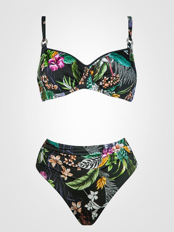 Charmline bikini maudymosi kostiumėlis su lankeliais "Tropic Daynight Black - Multicolor Flower Print"