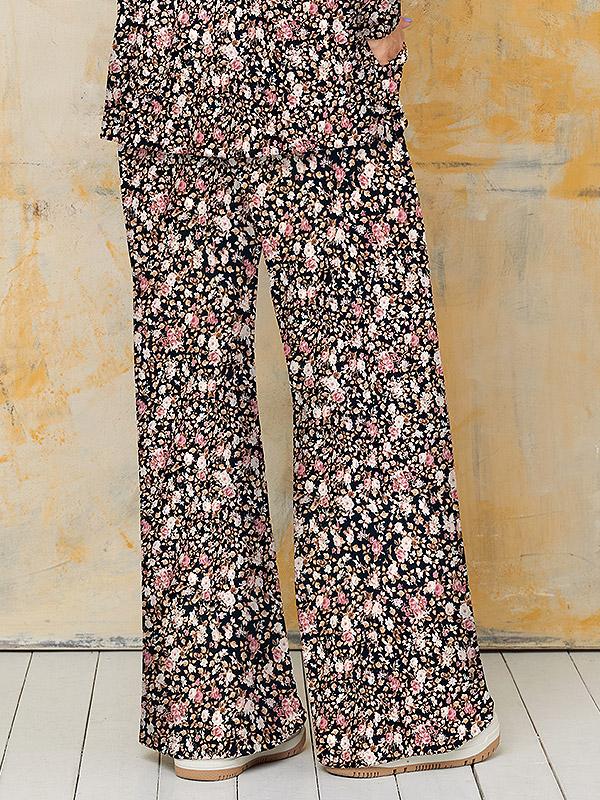 Lega plačios veliūrinės kelnės "Tessa Black - Cream - Rose Flower Print Velour"