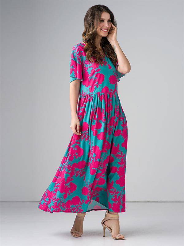 Lega maxi viskozinė suknelė "Adita Green - Fuchsia Flower Print"