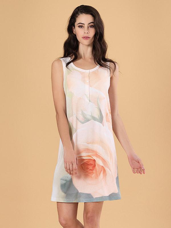 Linclalor medvilniniai naktiniai marškiniai su sagutėmis "Gisele Peach Rose Print"