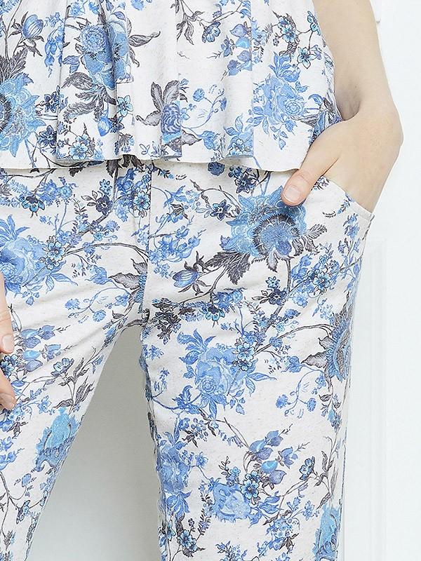 Lega kelnės su linu "Trina Blue Flower Print"