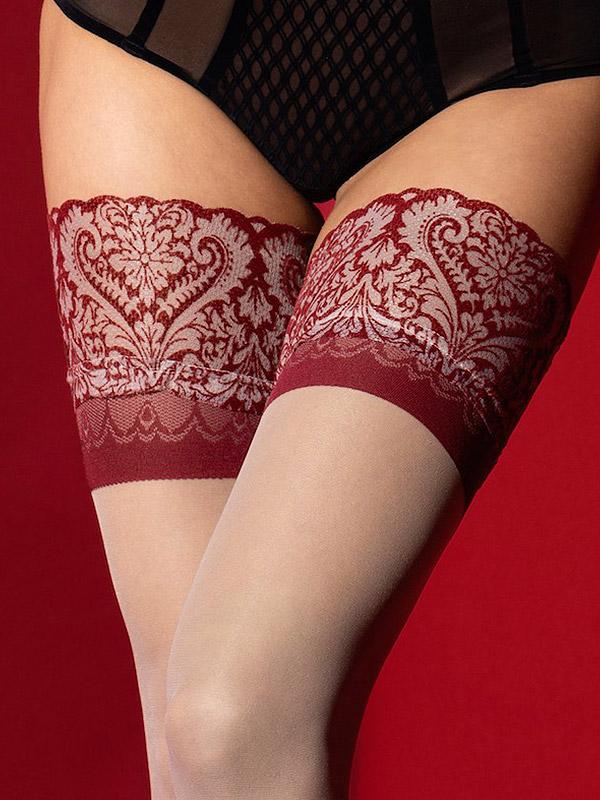 Fiore premium prilipinamos kojinės su nėriniais "Arabesque 20 Den Linen - Burgundy"