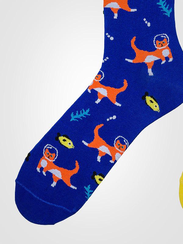 Spalvotos Kojines unisex medvilninės kojinės "Sea Cat Blue - Multicolor"