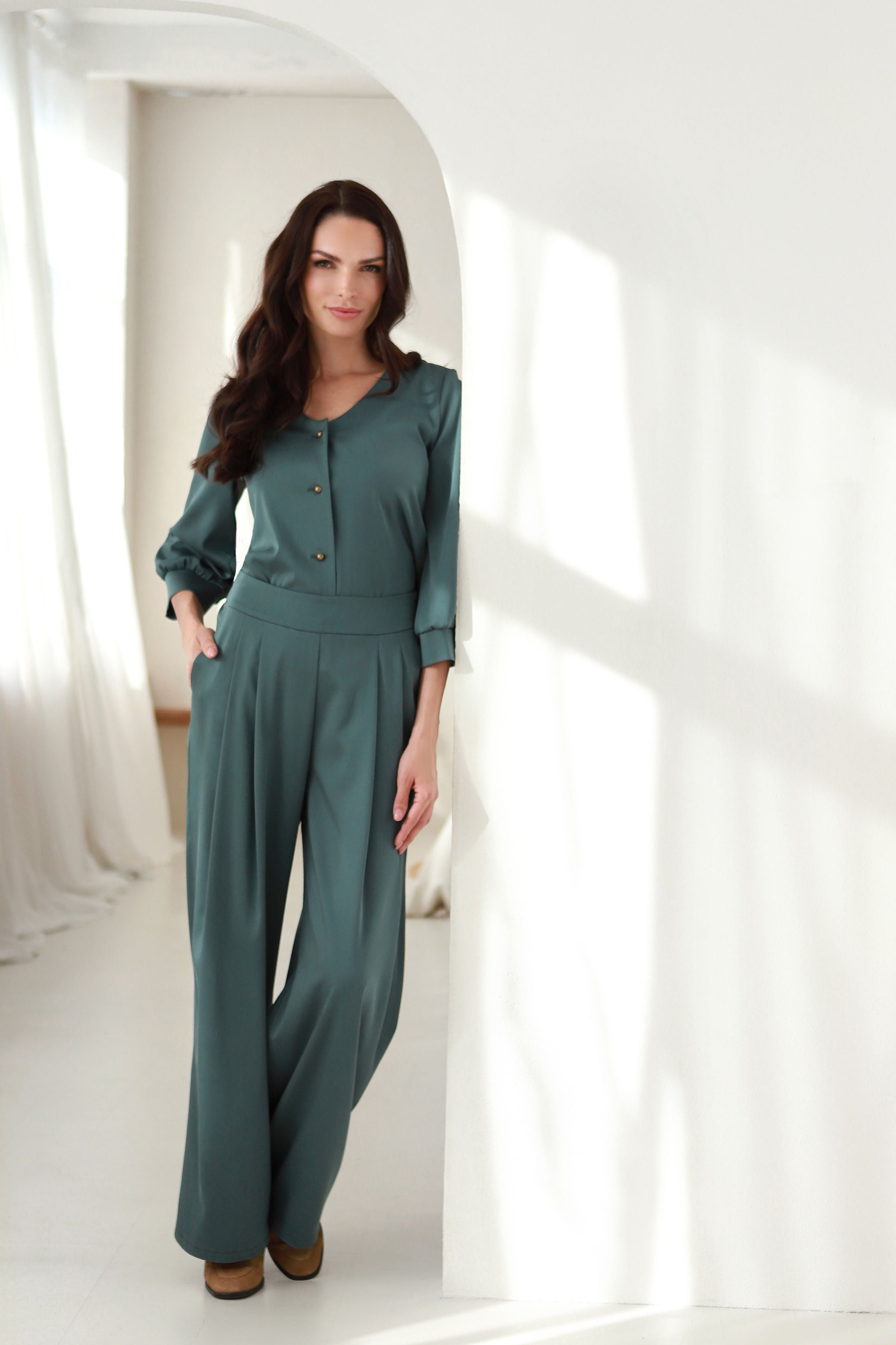 Lega High-Waisted Wide-Leg Trousers Linette Teal