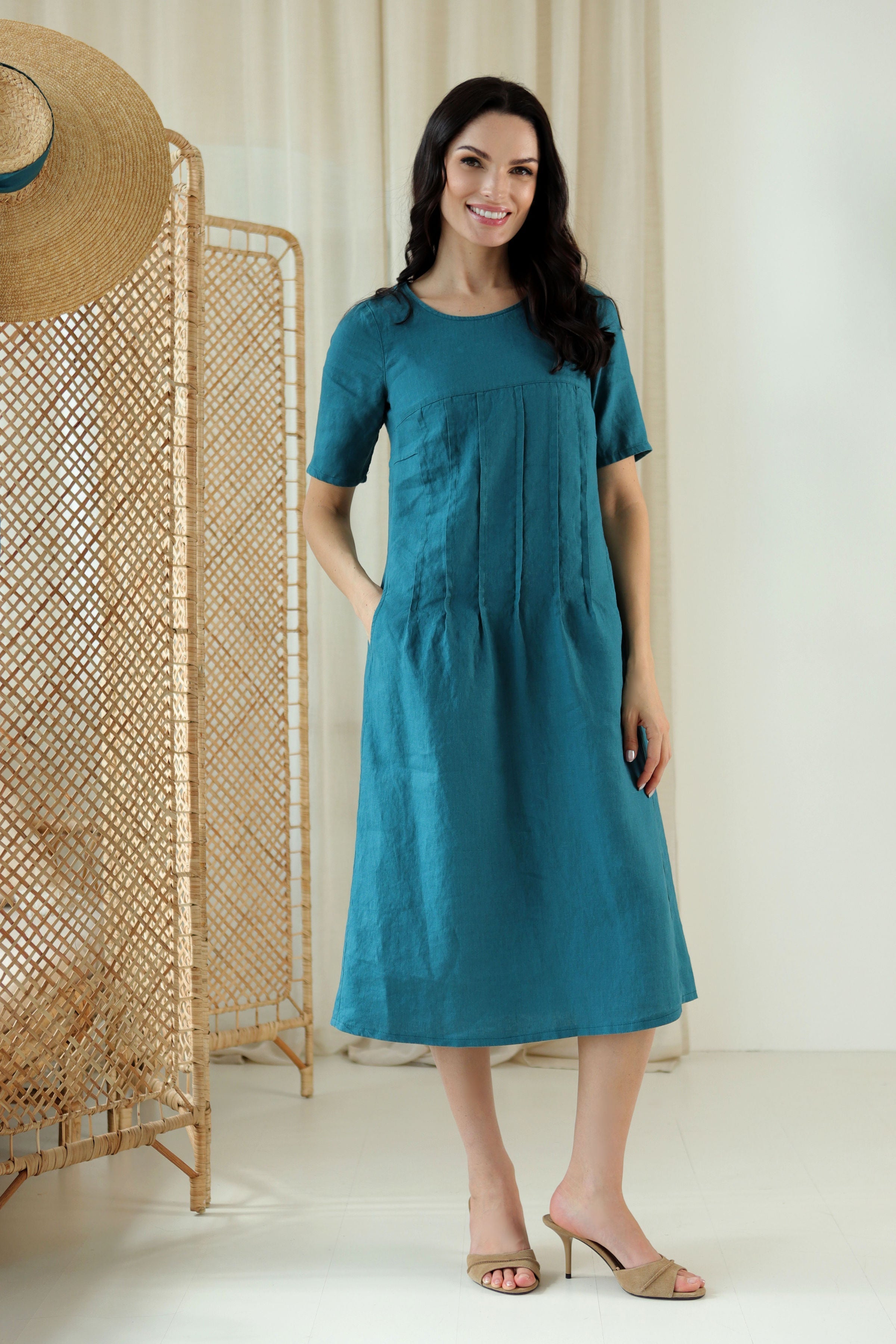 Lega Midi Linen Dress Windy Turquoise
