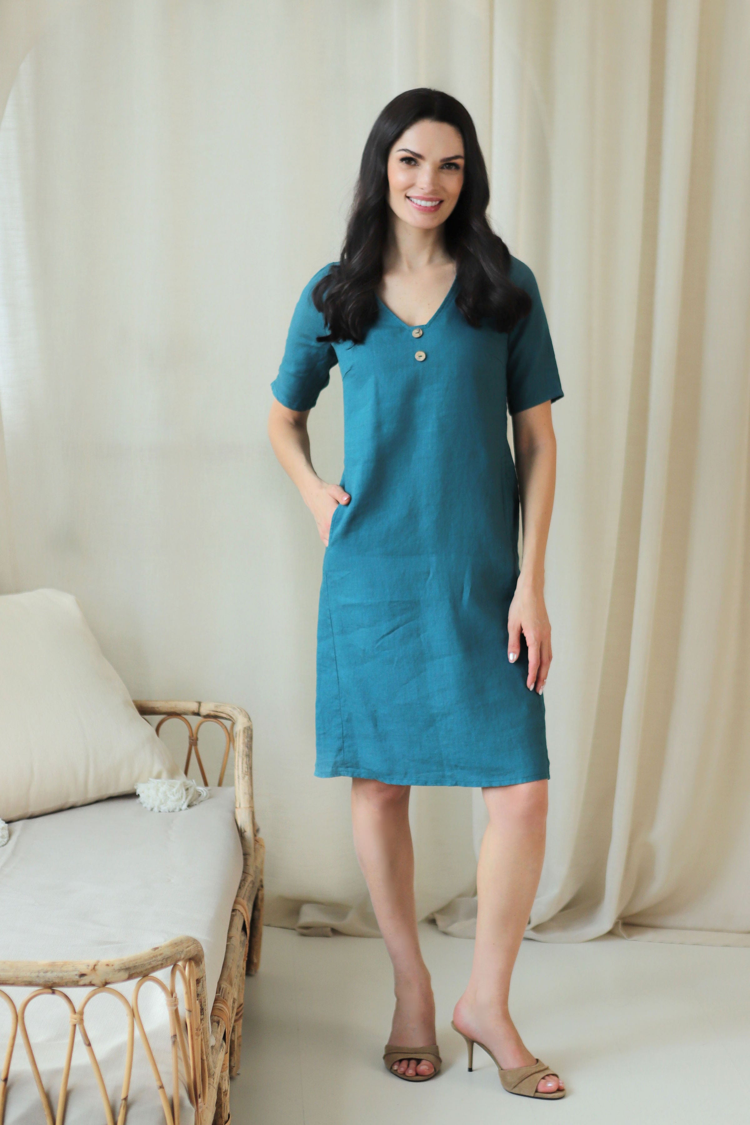 Lega Linen Dress With Buttons River Turquoise