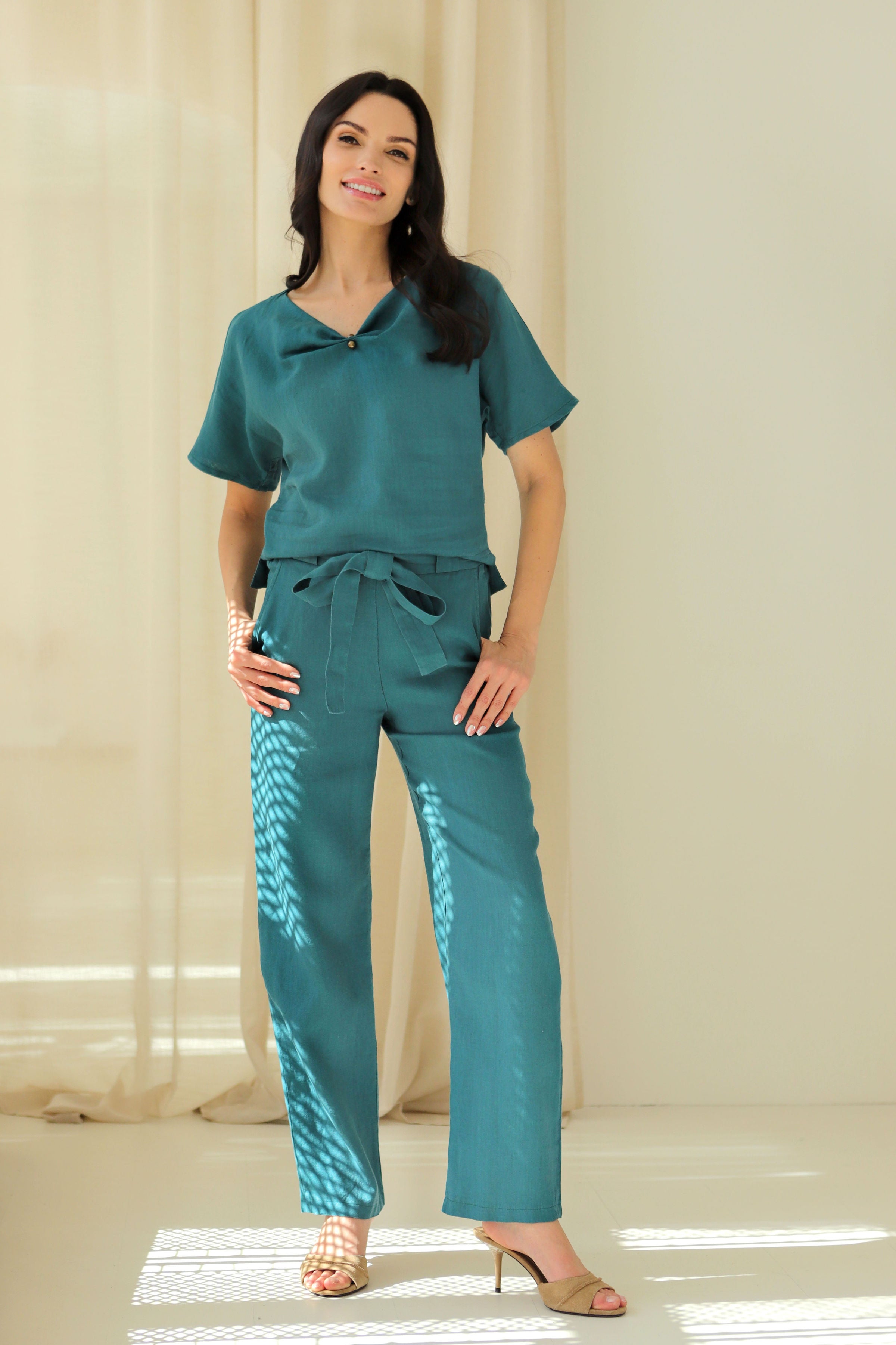 Lega Straight-Cut Linen Trousers Aura Turquoise