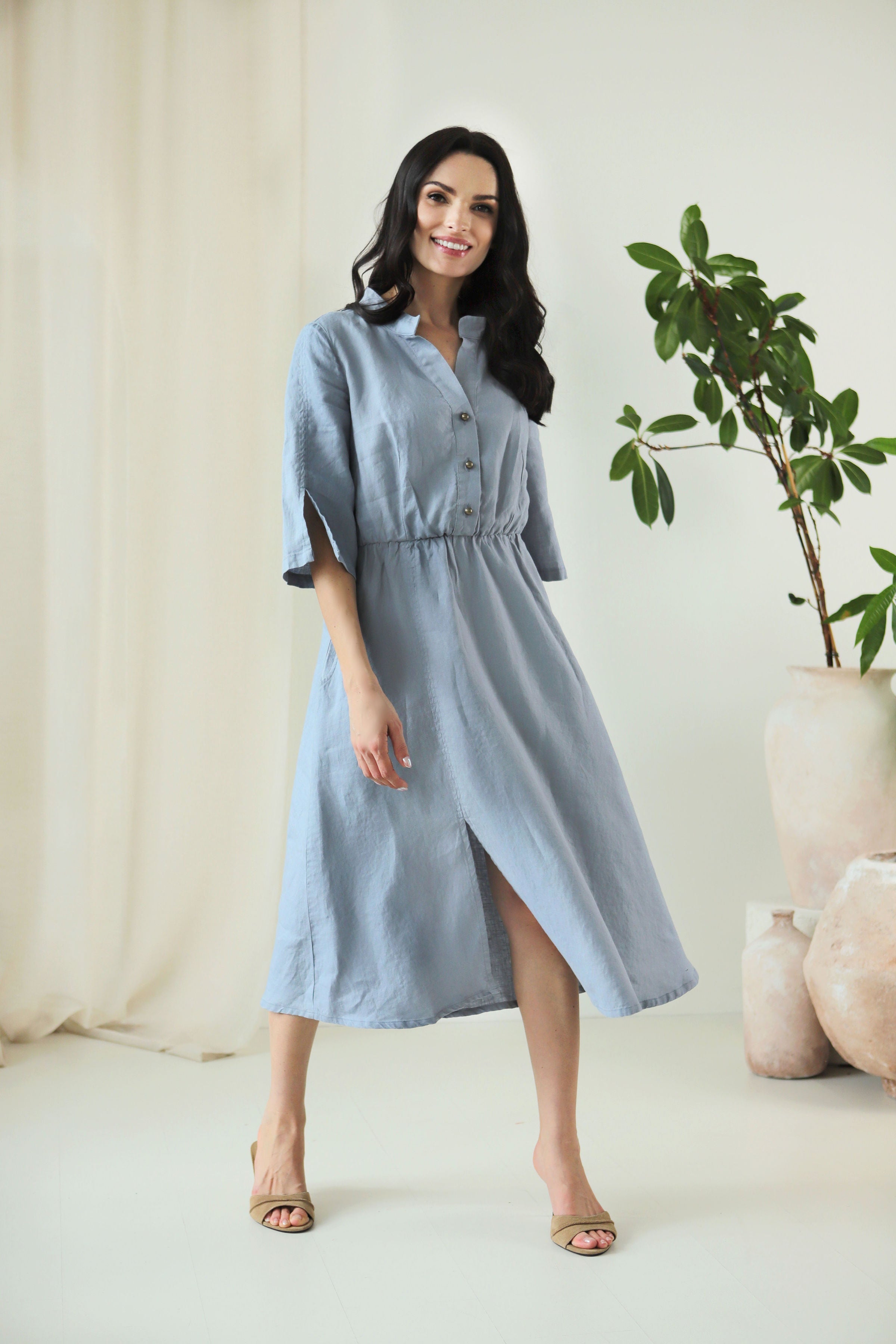 Lega Midi Linen Dress With A Belt Grace Greyish - Blue