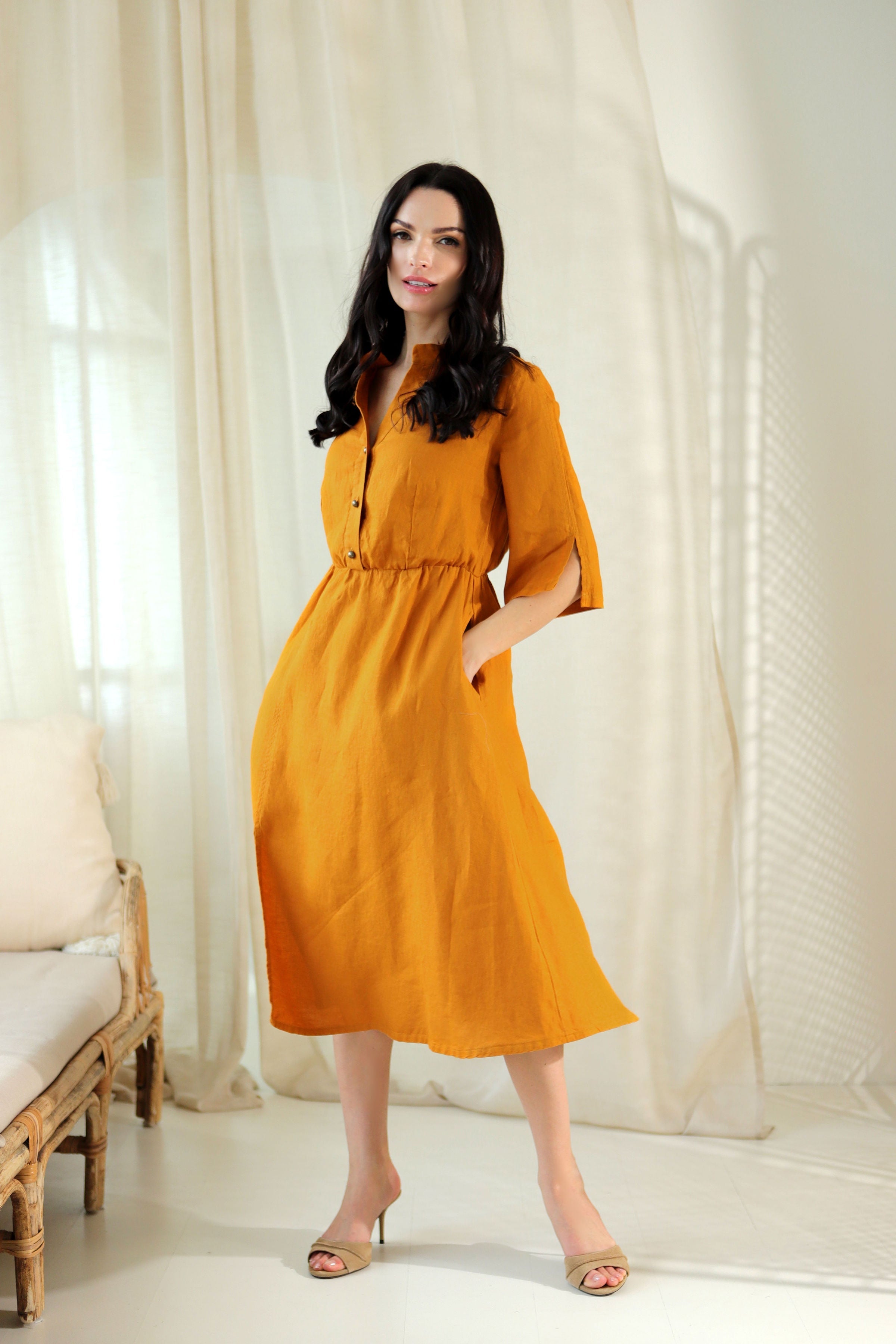 Lega Midi Linen Dress With A Belt Grace Yellow