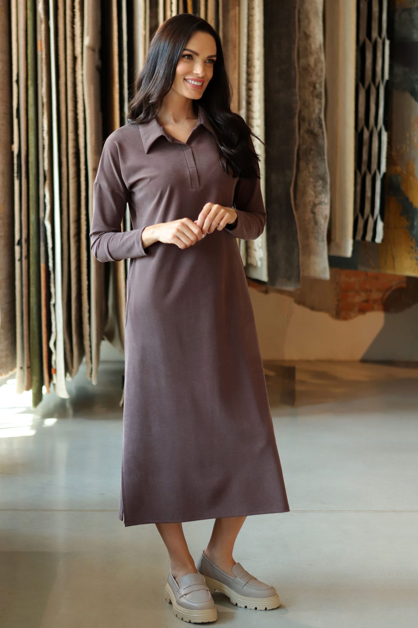 Lega Long Dress with Polo Collar Kakava Chocolate