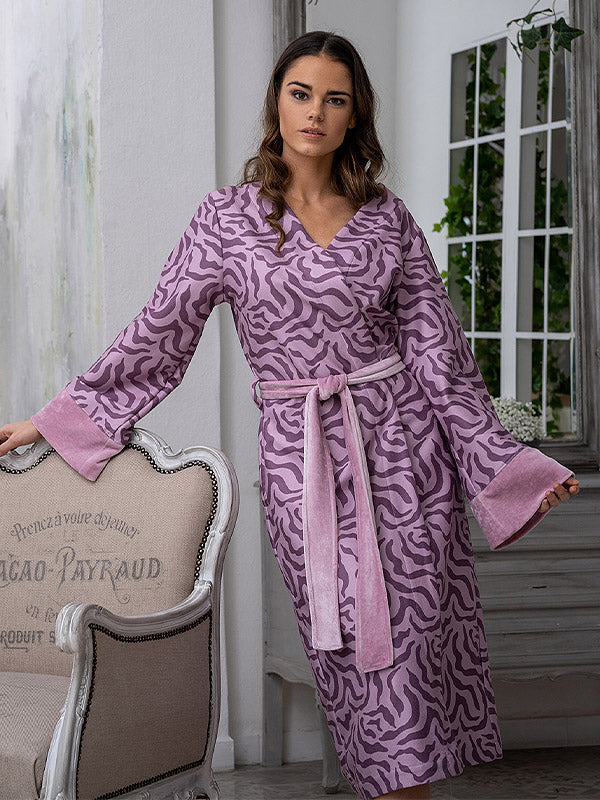Belmanetti Long Bamboo Kimono-style Dressing Gown Lausanne Mauve Ornament Print