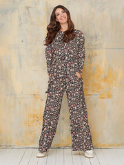 Lega plačios veliūrinės kelnės "Tessa Black - Cream - Rose Flower Print Velour"