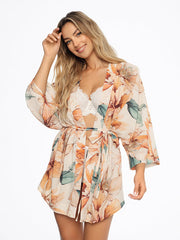 Esotiq Satin Dressing Gown Delightful 2 Ecru - Multicolor Flower Print