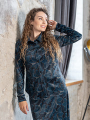 Lega Velour Buttoned Blouse Viki Navy - Turquoise Flower Print Velour