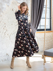 Lega Velour Midi Dress Kayla Black - Multicolor Flower Print Velour