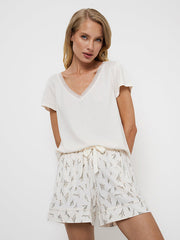 Aruelle medvilnės ir modalo pižama "Dulce Short Cream - Green Floral Print"