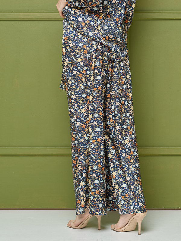 Lega широкие атласные брюки "Zoyla Navy - Multicolor Flower Print"