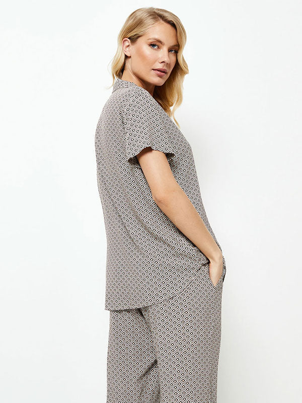 Aruelle Viscose Pyjamas with Long Pants Jamila Long White - Beige - Black Ornament Print