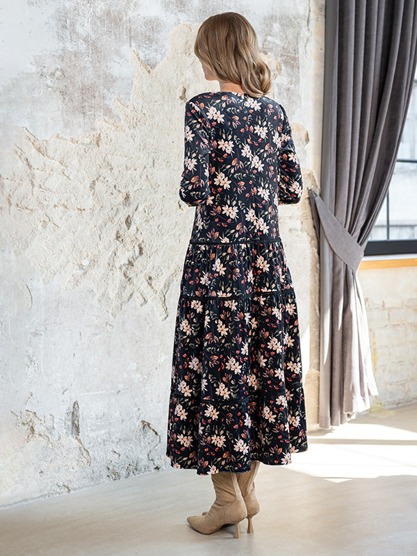 Lega Velour Midi Dress Kayla Black - Multicolor Flower Print Velour