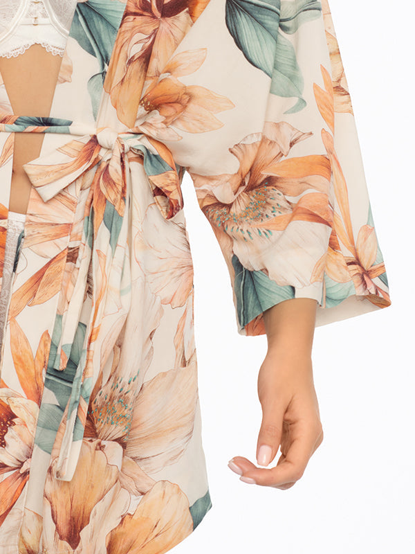 Esotiq Satin Dressing Gown Delightful 2 Ecru - Multicolor Flower Print